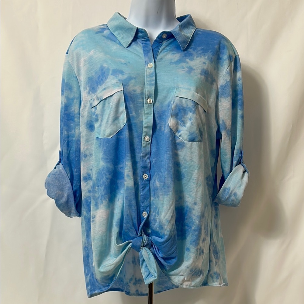 Eden & Olivia Women’s XL Blue White Tie Dye Top Button Front Knot Crop Blouse